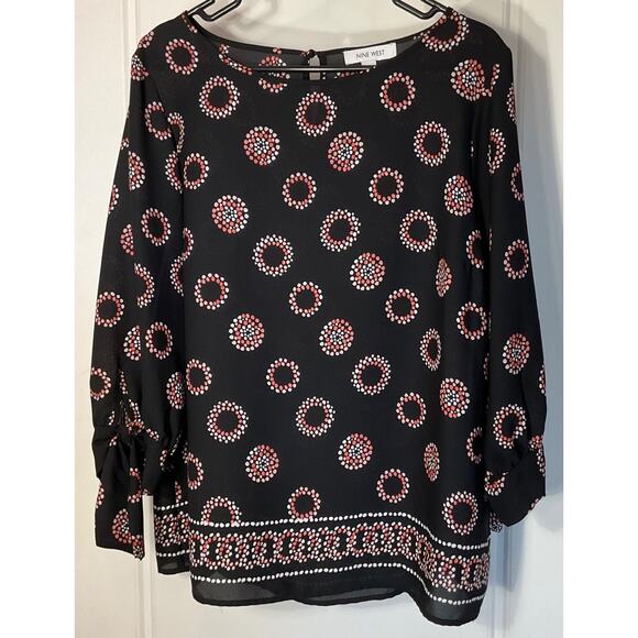 Nine West Black Multicolor 3/4 Sleeve Tie Wrist Tunic Top L - Picture 1 of 6